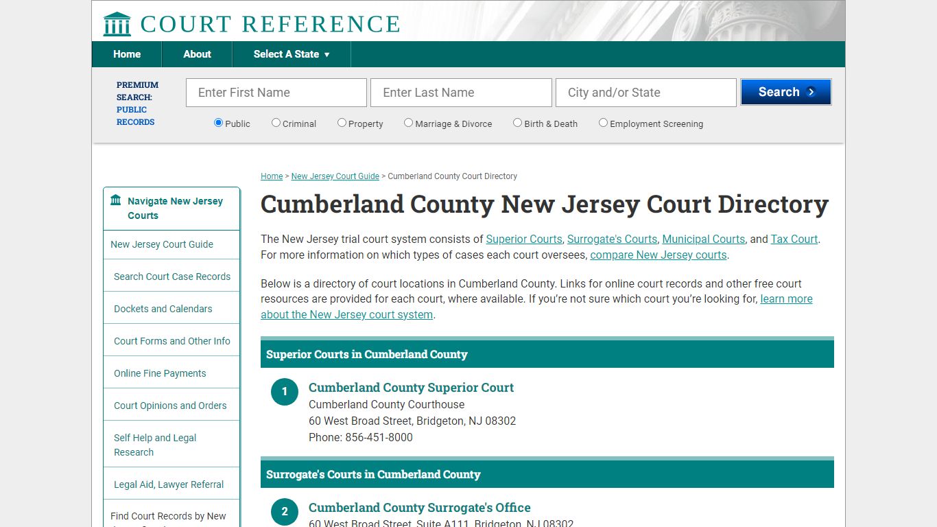 Cumberland County New Jersey Court Directory ...